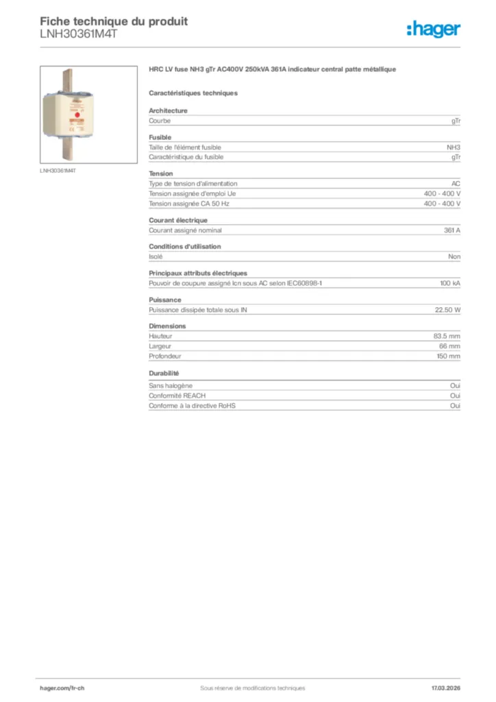 Image Hager Fiche technique du produit LNH30361M4T | Hager Suisse
