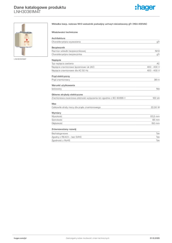 Zdjęcie Hager Dane katalogowe produktu LNH30361M4T | Hager Polska