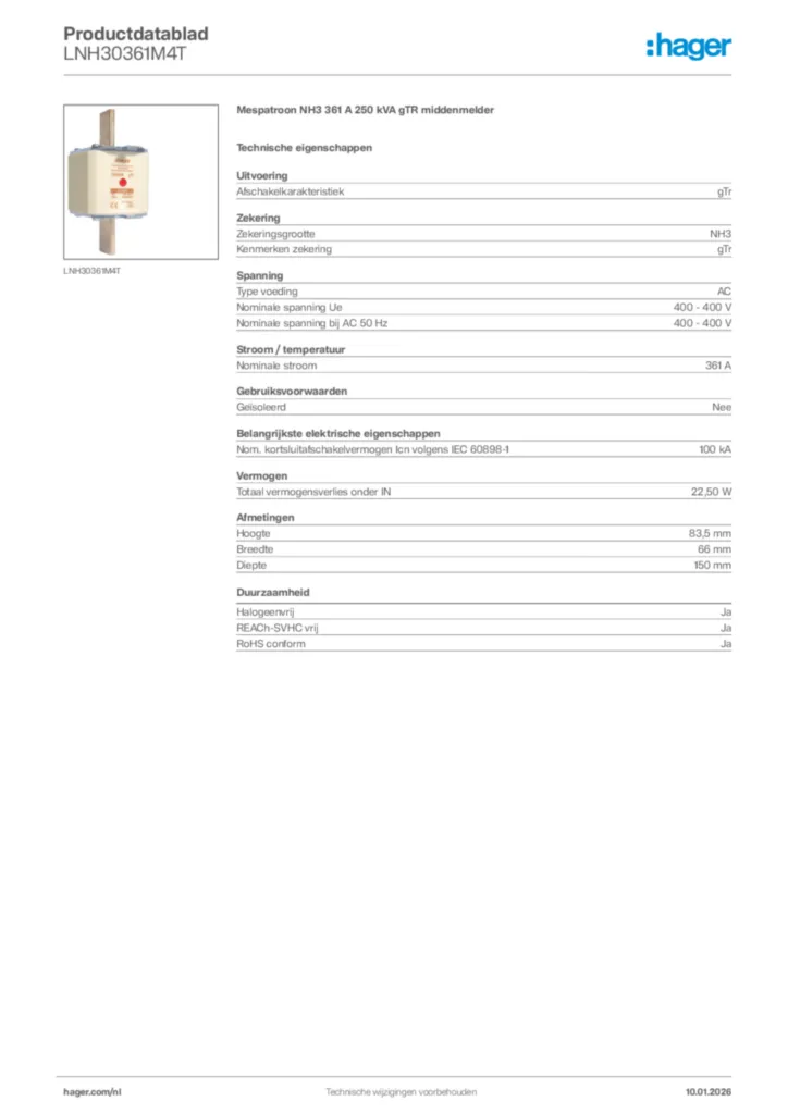 Afbeelding Hager Productdatablad LNH30361M4T | Hager Nederland