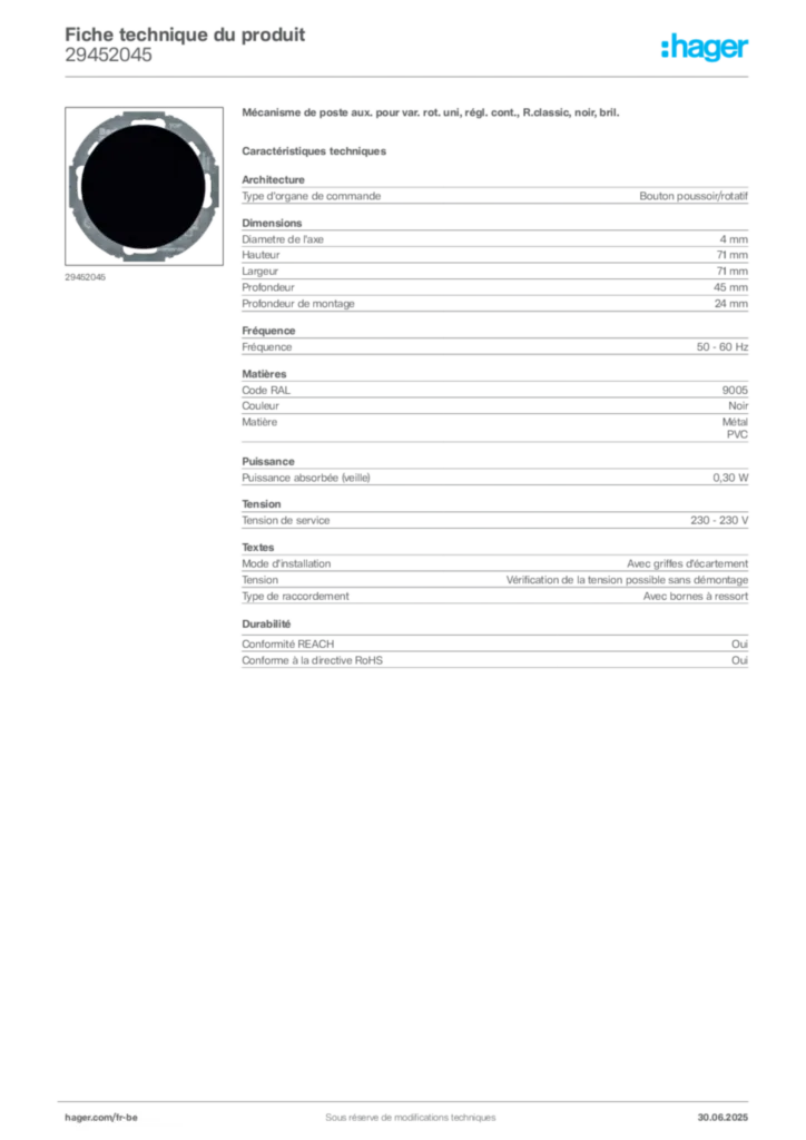 Image Hager Fiche technique du produit 29452045 | Hager Belgique