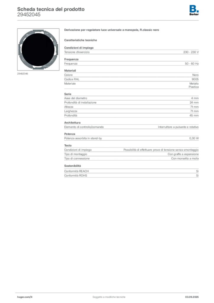 Immagine Berker Scheda tecnica del prodotto 29452045 | Hager Italia