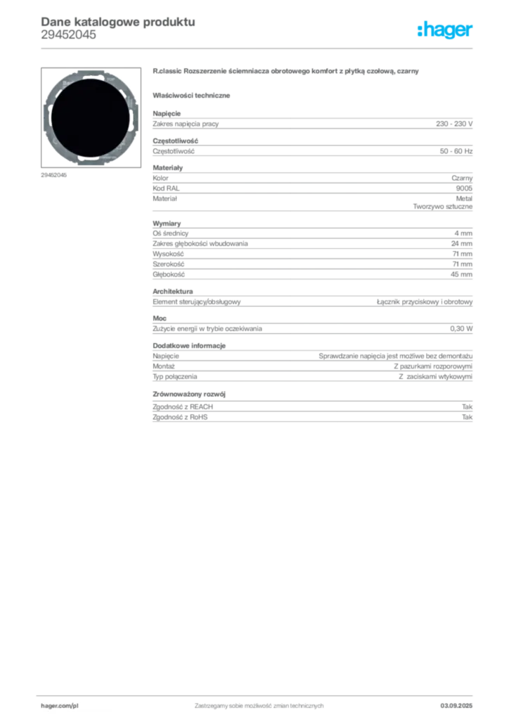 Zdjęcie Hager Dane katalogowe produktu 29452045 | Hager Polska
