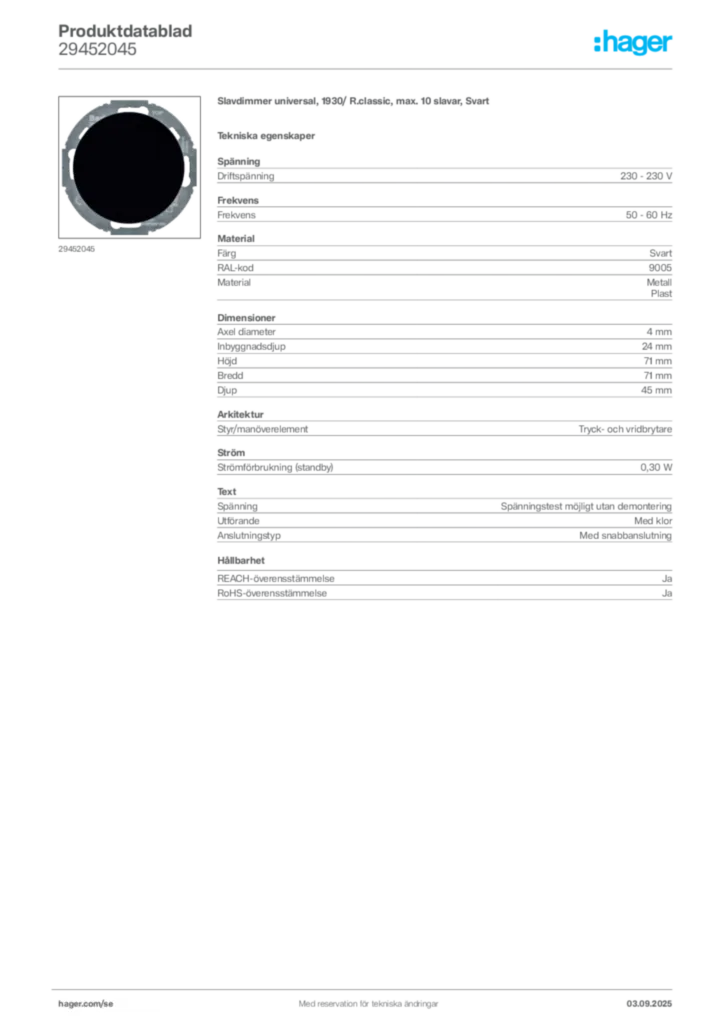 Bild Hager Produktdatablad 29452045 | Hager Sverige