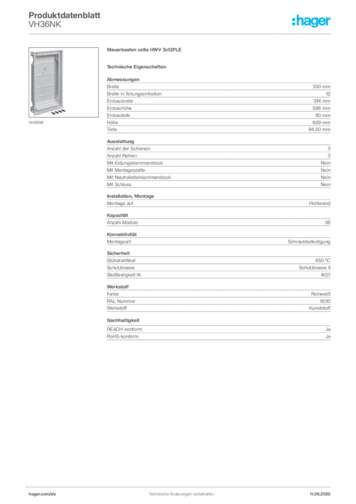 Hager Produktdatenblatt VH36NK