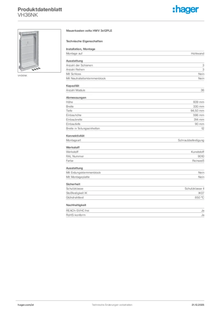 Bild Hager Produktdatenblatt VH36NK | Hager Deutschland