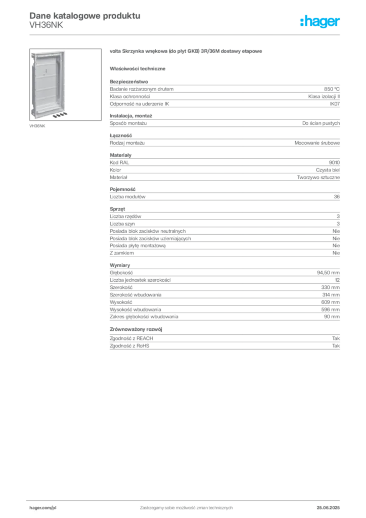 Zdjęcie Hager Dane katalogowe produktu VH36NK | Hager Polska