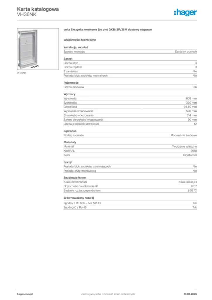 Zdjęcie Hager Karta katalogowa VH36NK | Hager Polska