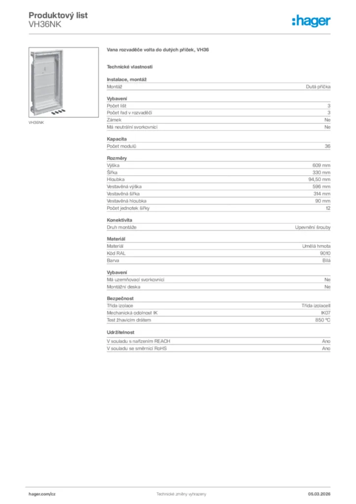 Obrázek Hager Product data sheet VH36NK | Hager