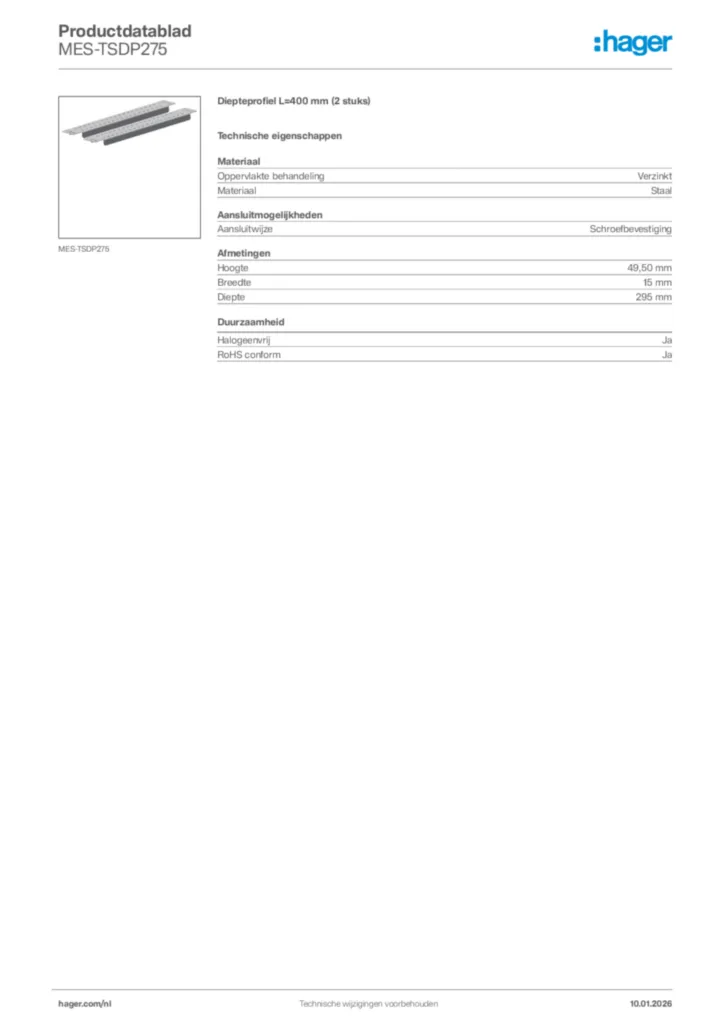 Afbeelding Hager Productdatablad MES-TSDP275 | Hager Nederland