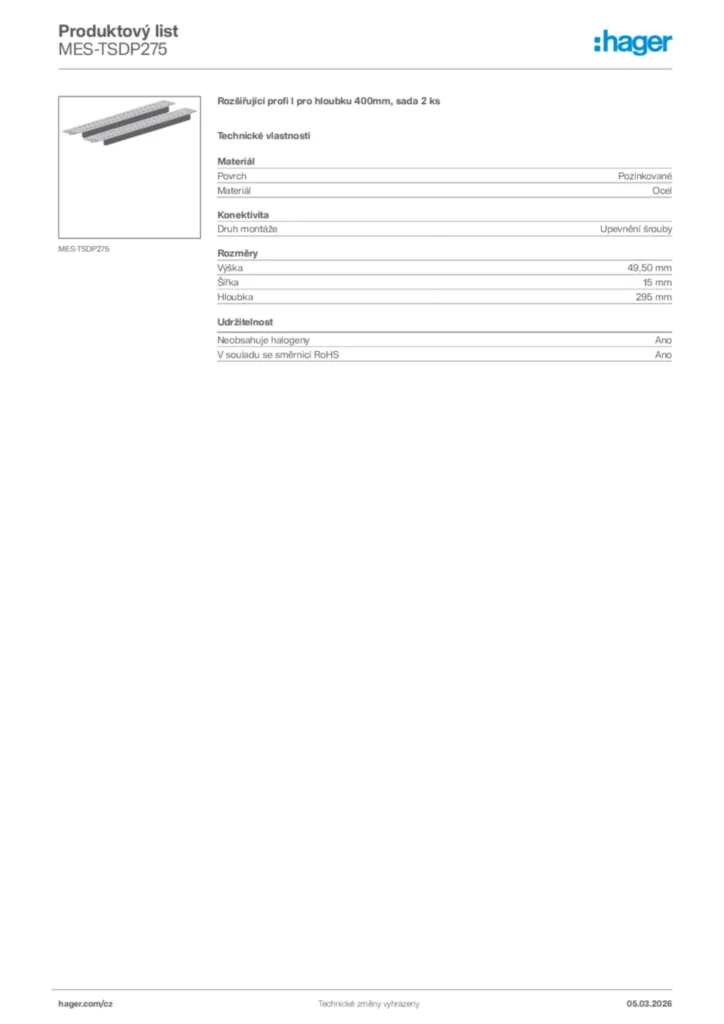 Obrázek Hager Product data sheet MES-TSDP275 | Hager