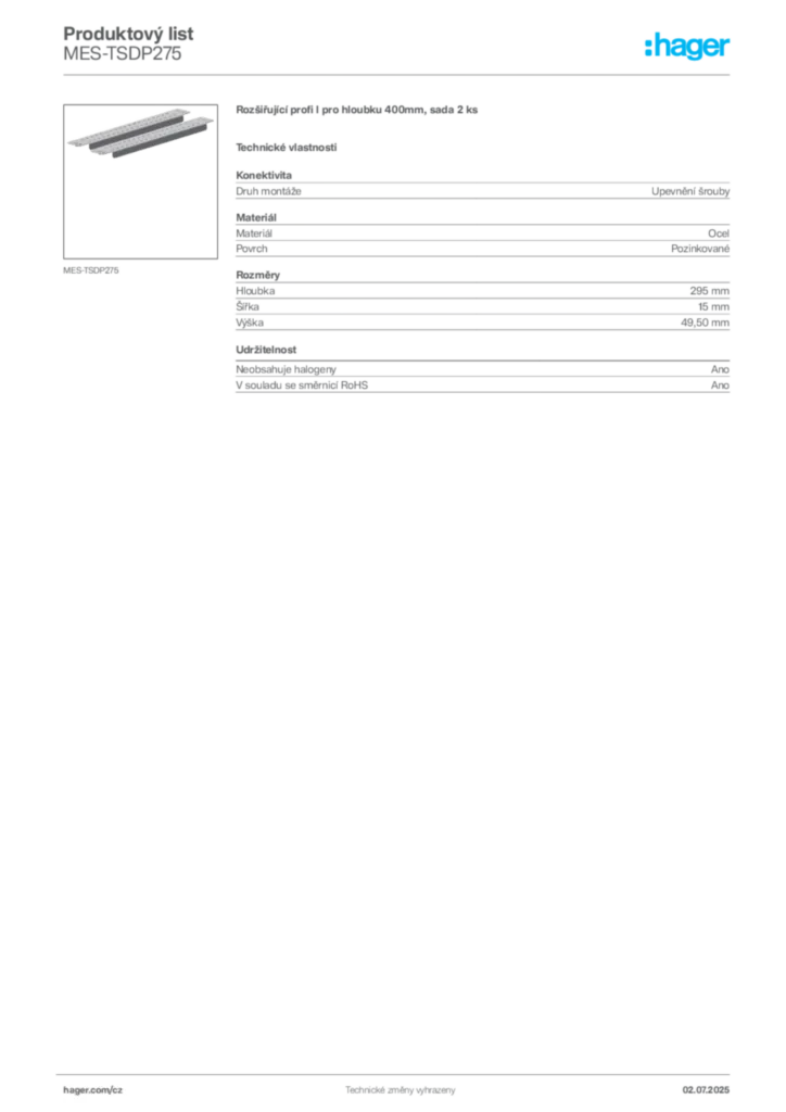 Obrázek Hager Produktový list MES-TSDP275 | Hager
