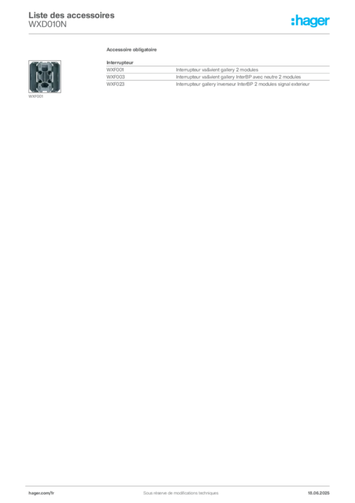 Image Hager Fiche technique du produit WXD010N | Hager France