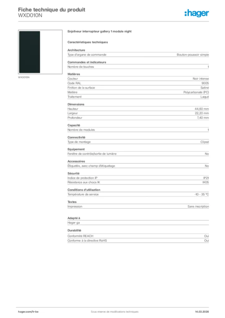 Image Hager Fiche technique du produit WXD010N | Hager Belgique