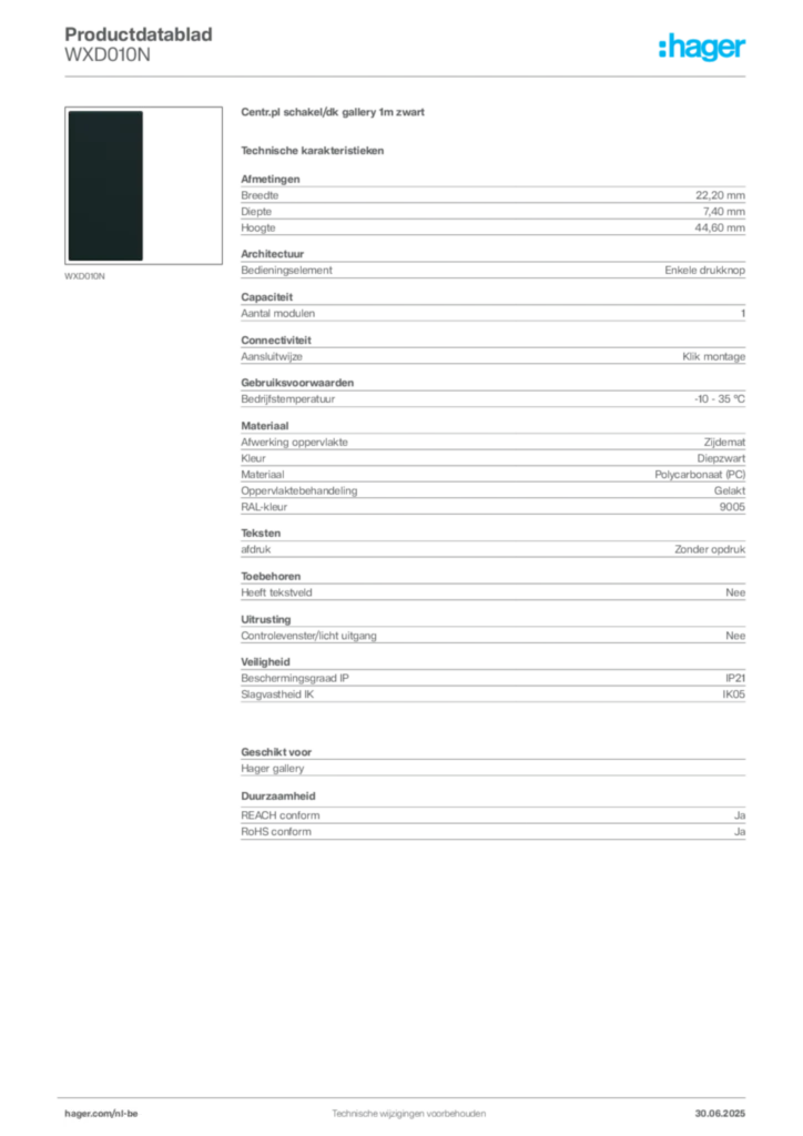 Afbeelding Hager Productdatablad WXD010N | Hager Belgium