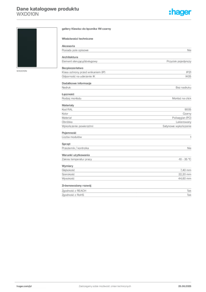Zdjęcie Hager Dane katalogowe produktu WXD010N | Hager Polska