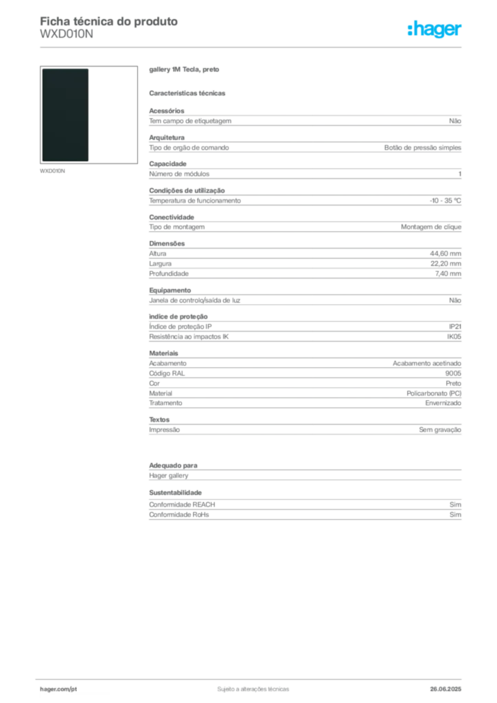 Imagem Hager Ficha técnica do produto WXD010N | Hager Portugal