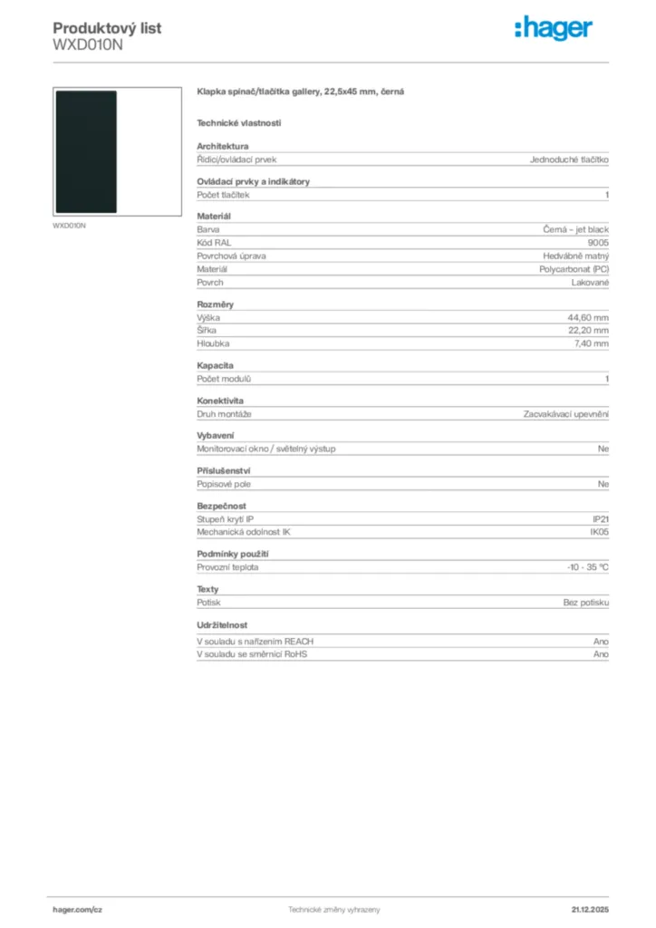 Obrázek Hager Produktový list WXD010N | Hager