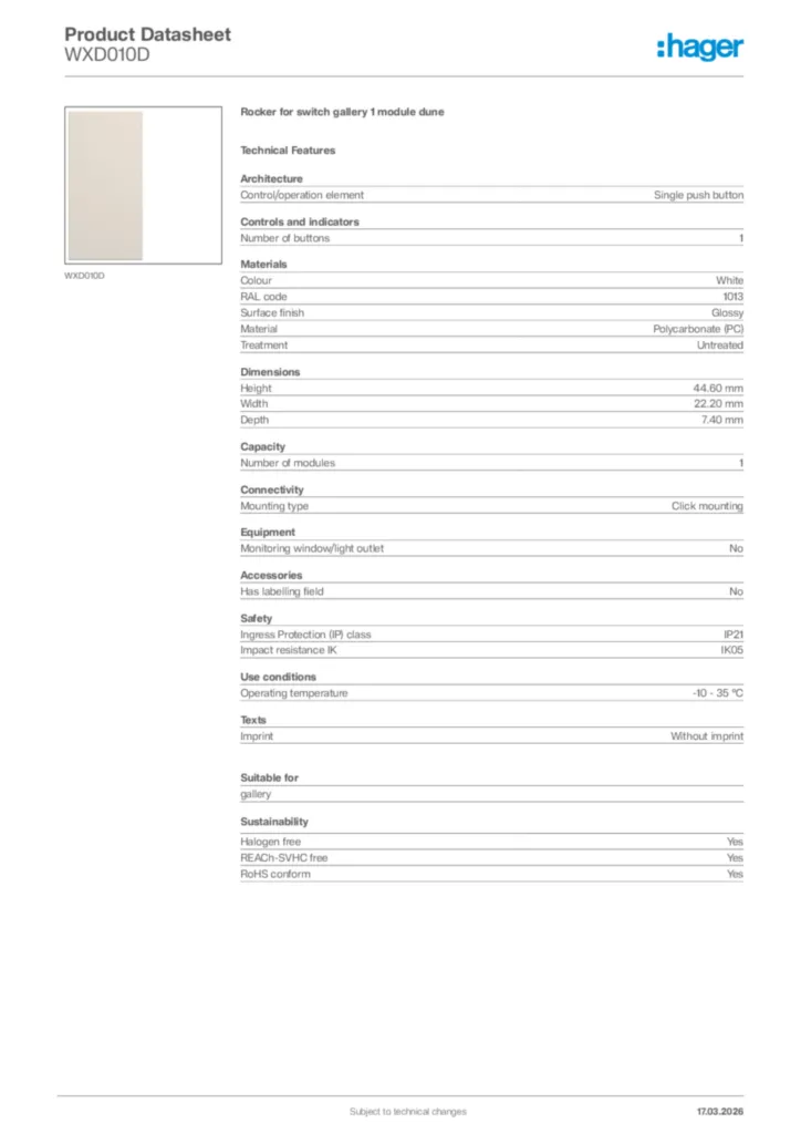 Image Hager Product data sheet WXD010D  | Hager Africa