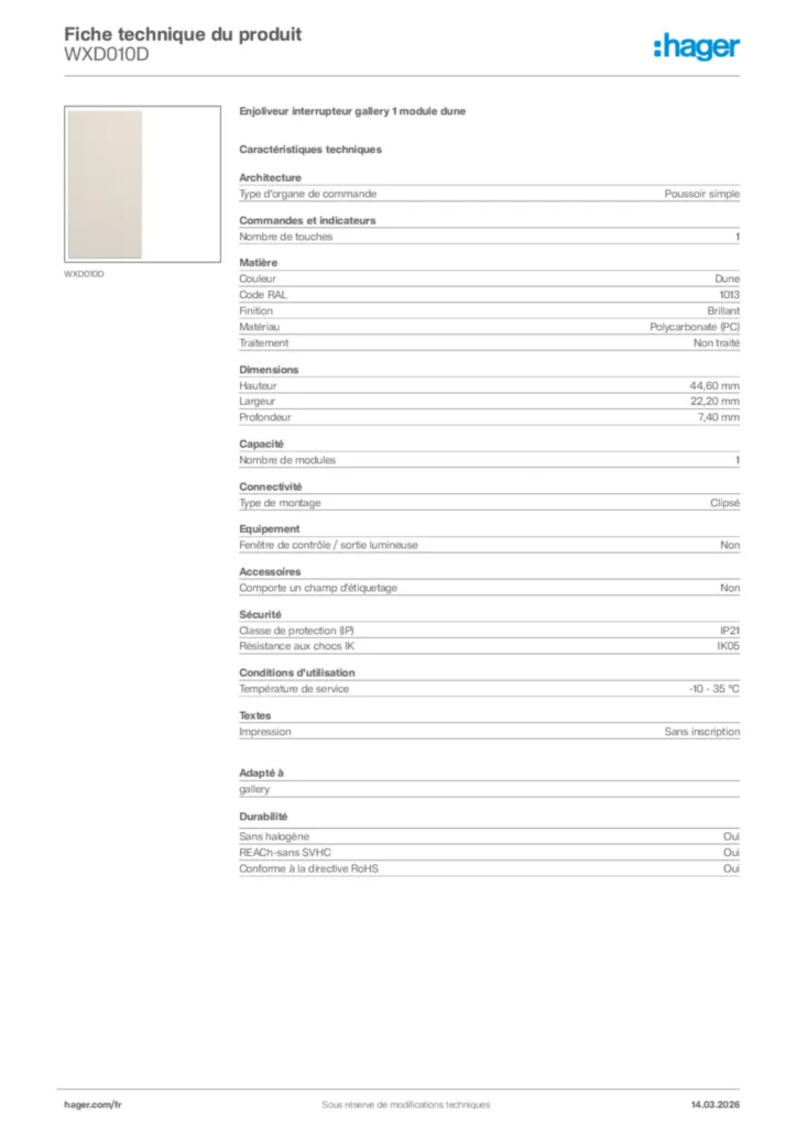 Image Hager Fiche technique du produit WXD010D | Hager France