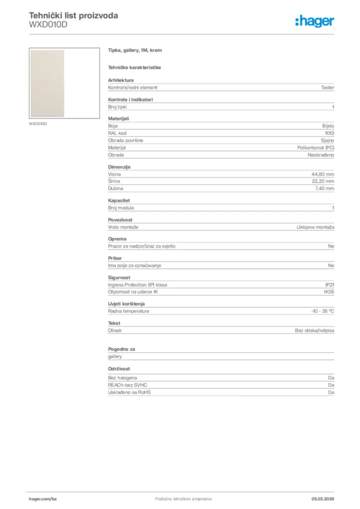 Slika Hager Tehnički list proizvoda WXD010D  | Hager