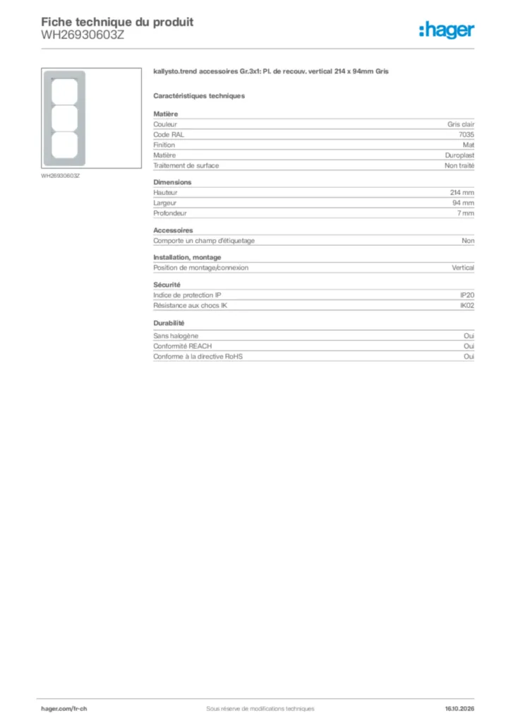 Image Hager Fiche technique du produit WH26930603Z | Hager Suisse
