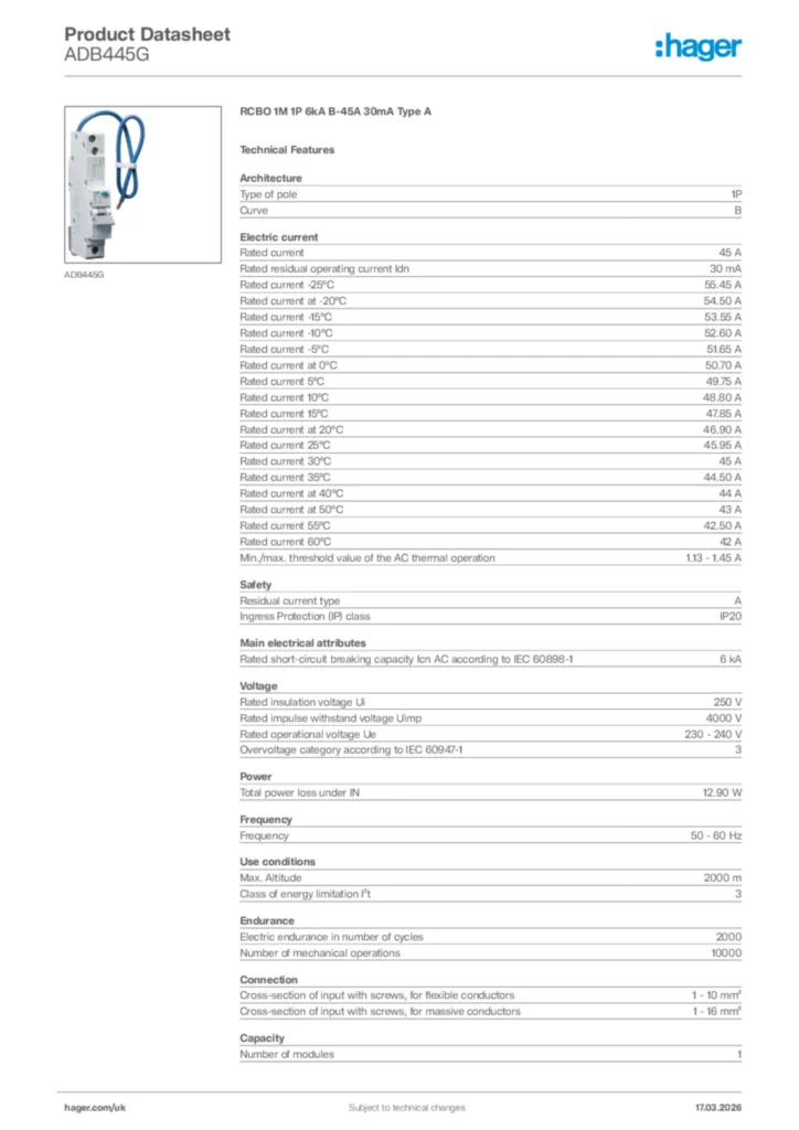 Image Hager Product data sheet ADB445G  | Hager