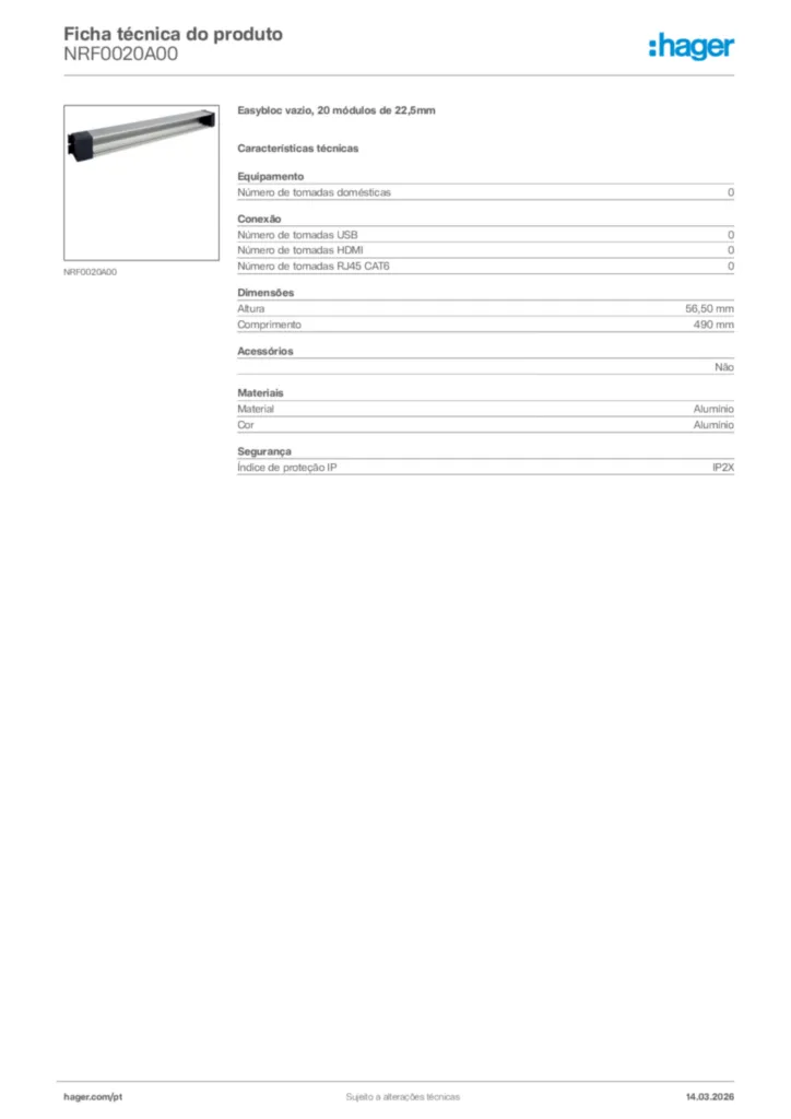 Imagem Hager Ficha técnica do produto NRF0020A00 | Hager Portugal