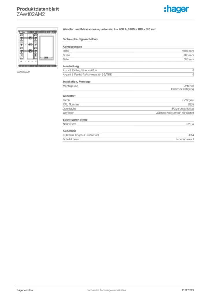 Bild Hager Produktdatenblatt ZAW102AM2 | Hager Deutschland