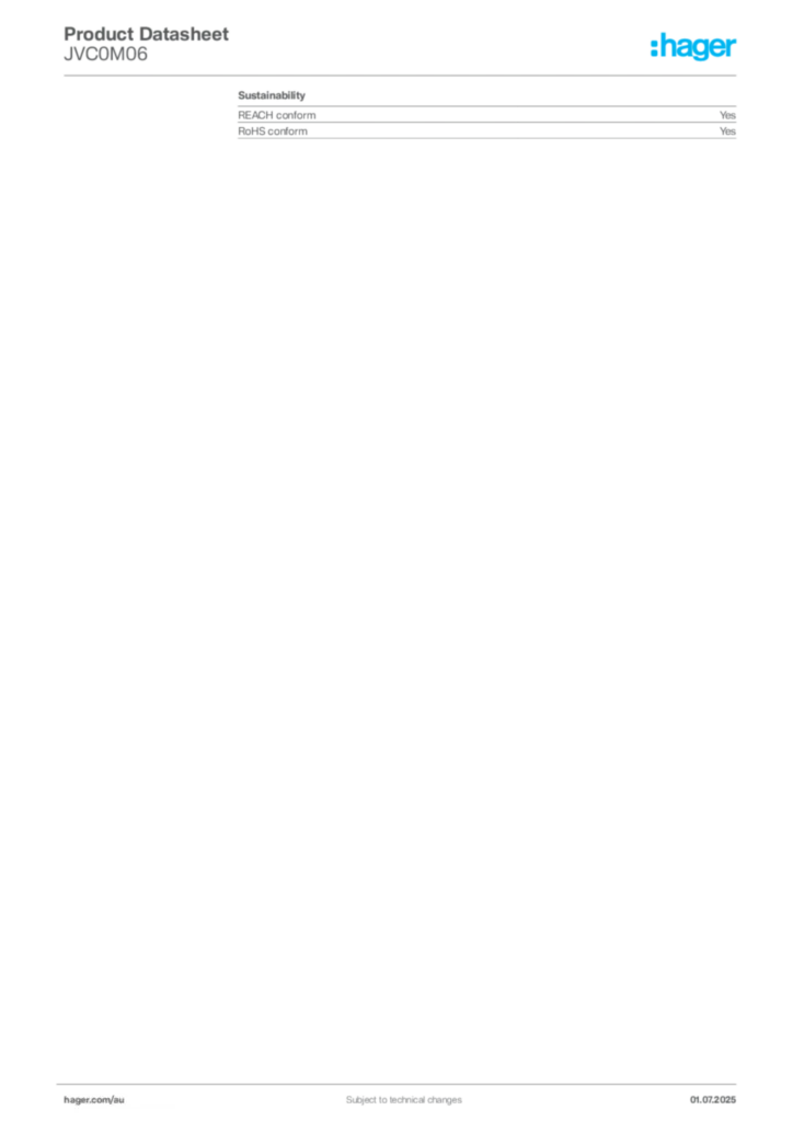 Image Hager Product data sheet JVC0M06  | Hager Australia