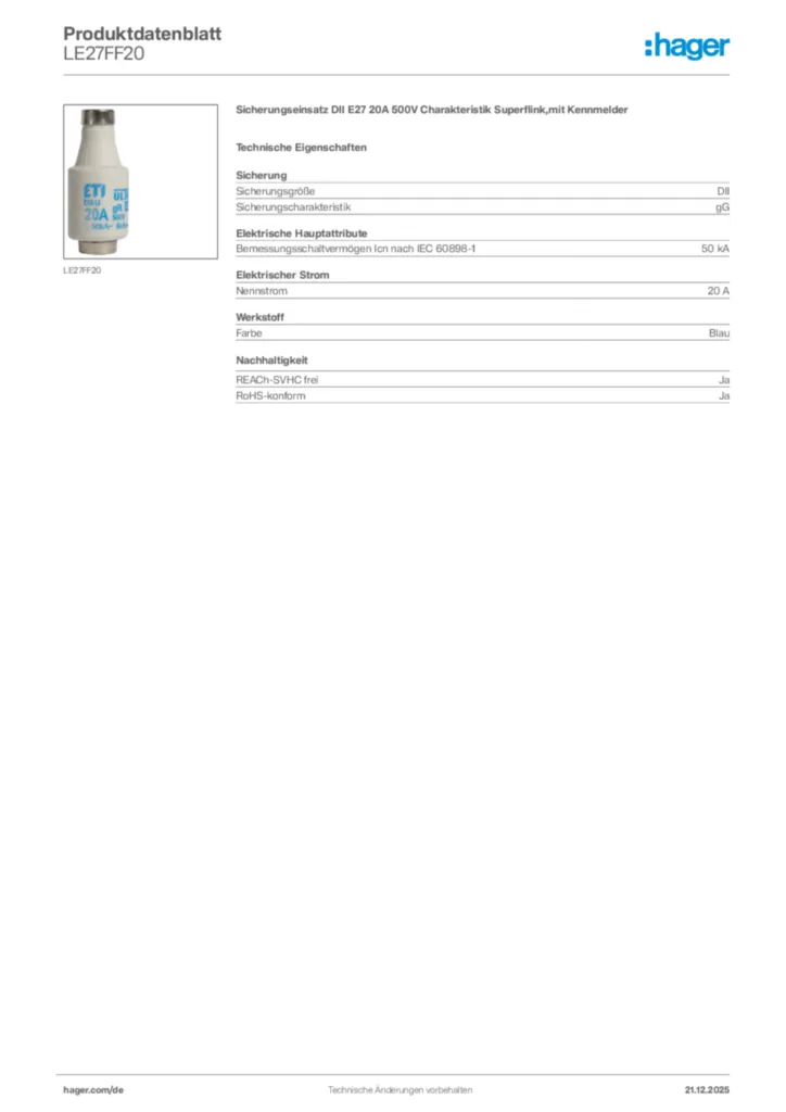 Bild Hager Produktdatenblatt LE27FF20 | Hager Deutschland