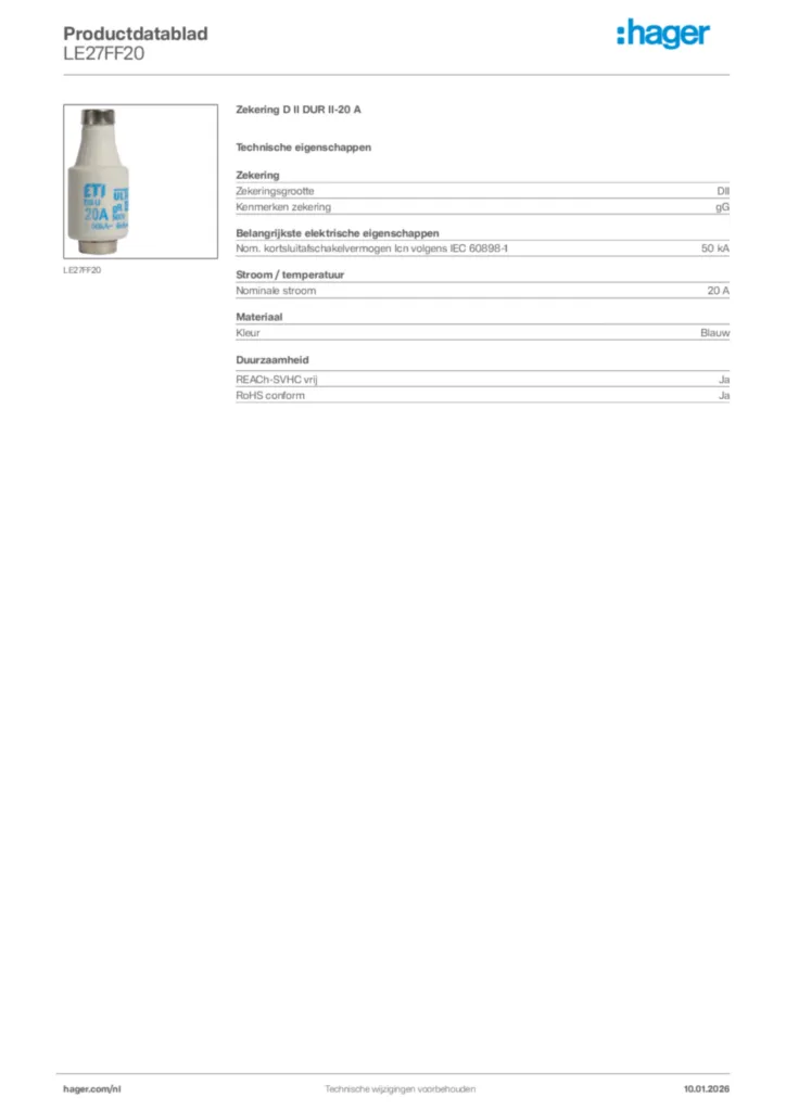 Afbeelding Hager Productdatablad LE27FF20 | Hager Nederland