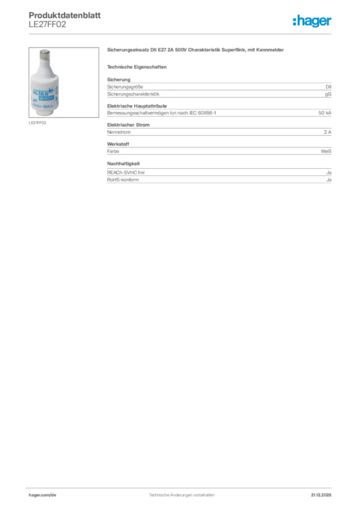 Bild Hager Produktdatenblatt LE27FF02 | Hager Deutschland