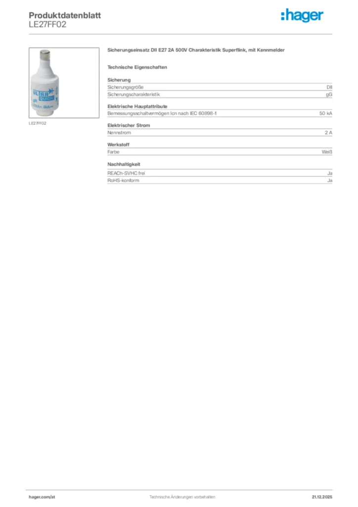 Bild Hager Produktdatenblatt LE27FF02 | Hager Deutschland