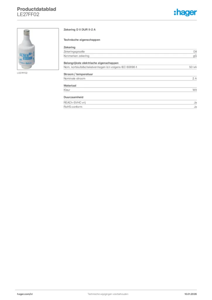 Afbeelding Hager Productdatablad LE27FF02 | Hager Nederland