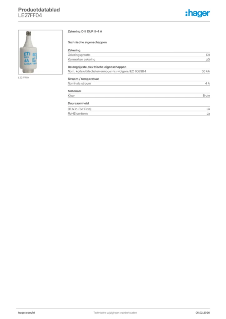 Afbeelding Hager Productdatablad LE27FF04 | Hager Nederland