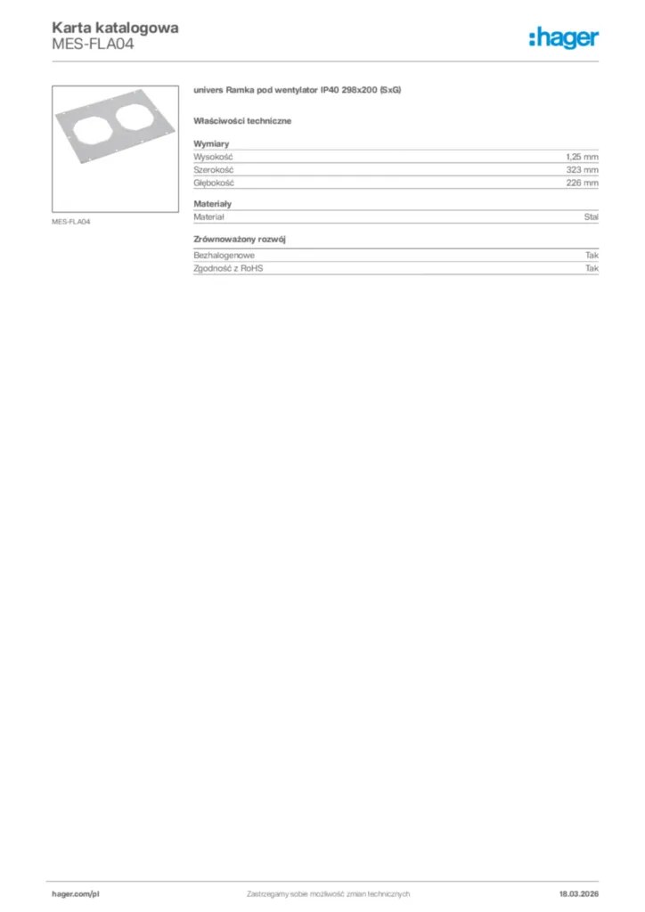 Zdjęcie Hager Karta katalogowa MES-FLA04 | Hager Polska