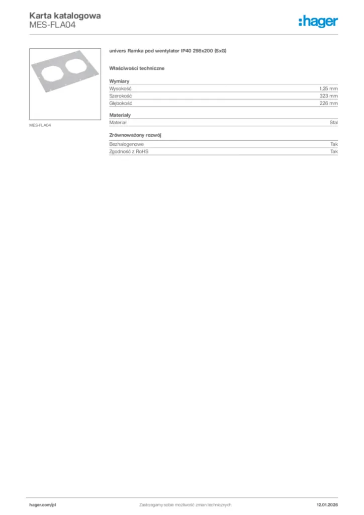 Zdjęcie Hager Karta katalogowa MES-FLA04 | Hager Polska