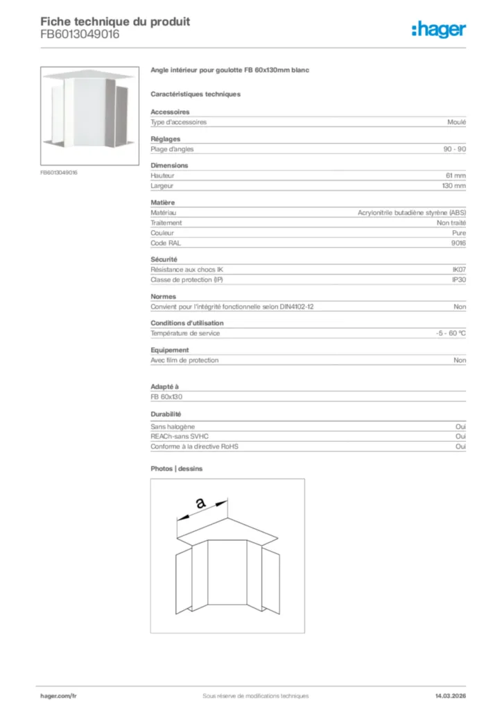 Image Hager Fiche technique du produit FB6013049016 | Hager France