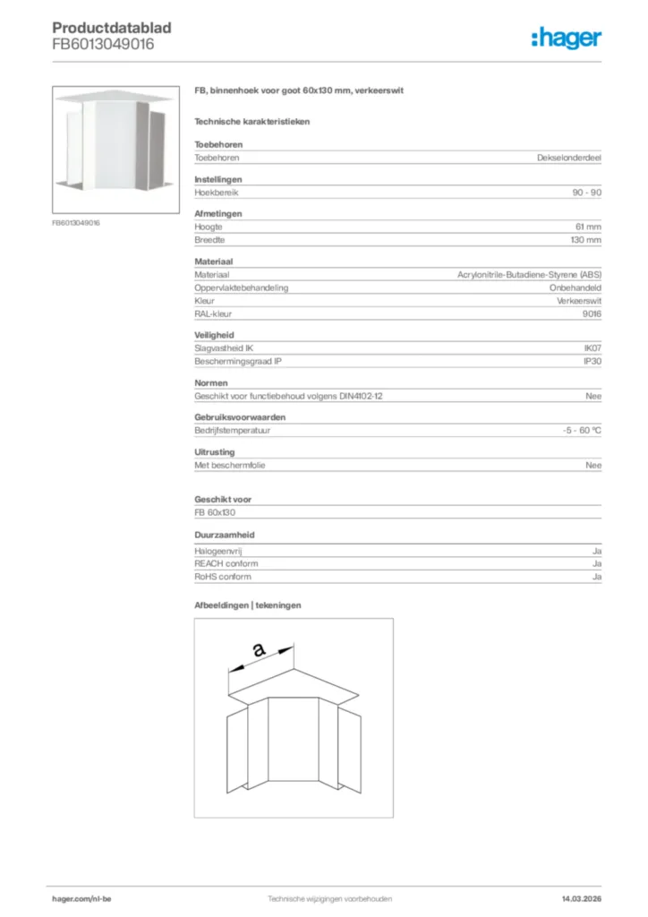 Afbeelding Hager Productdatablad FB6013049016 | Hager Belgium
