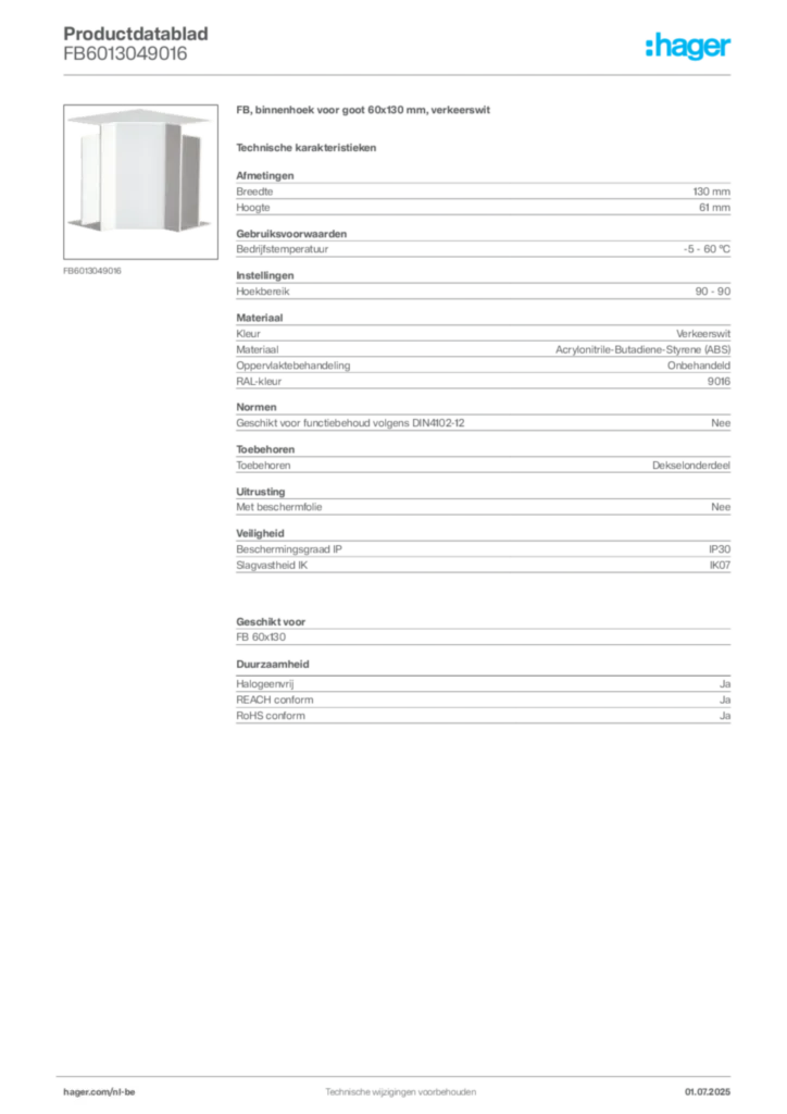 Afbeelding Hager Productdatablad FB6013049016 | Hager Belgium