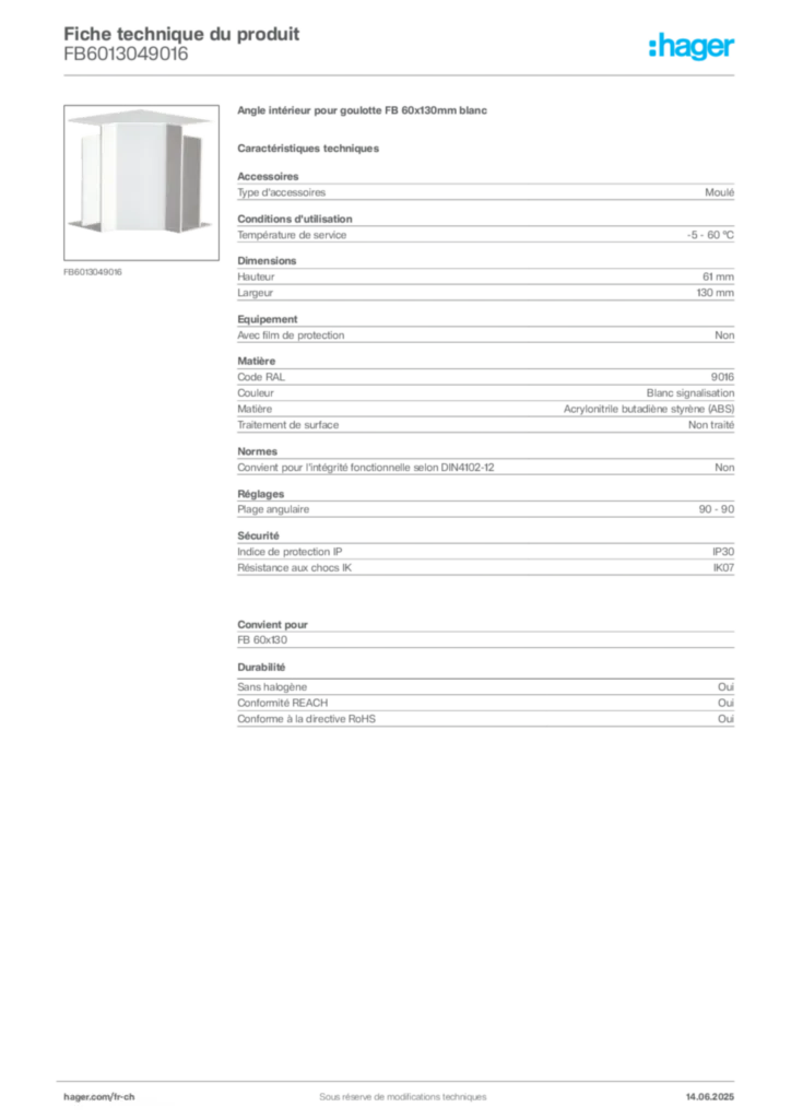 Image Hager Fiche technique du produit FB6013049016 | Hager Suisse