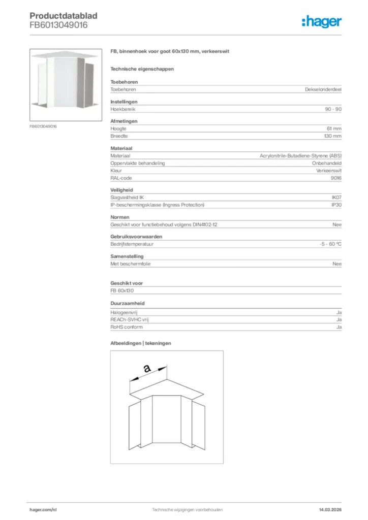 Afbeelding Hager Productdatablad FB6013049016 | Hager Nederland