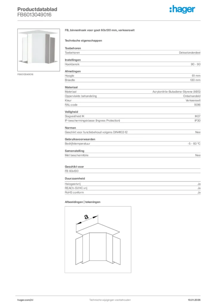 Afbeelding Hager Productdatablad FB6013049016 | Hager Nederland