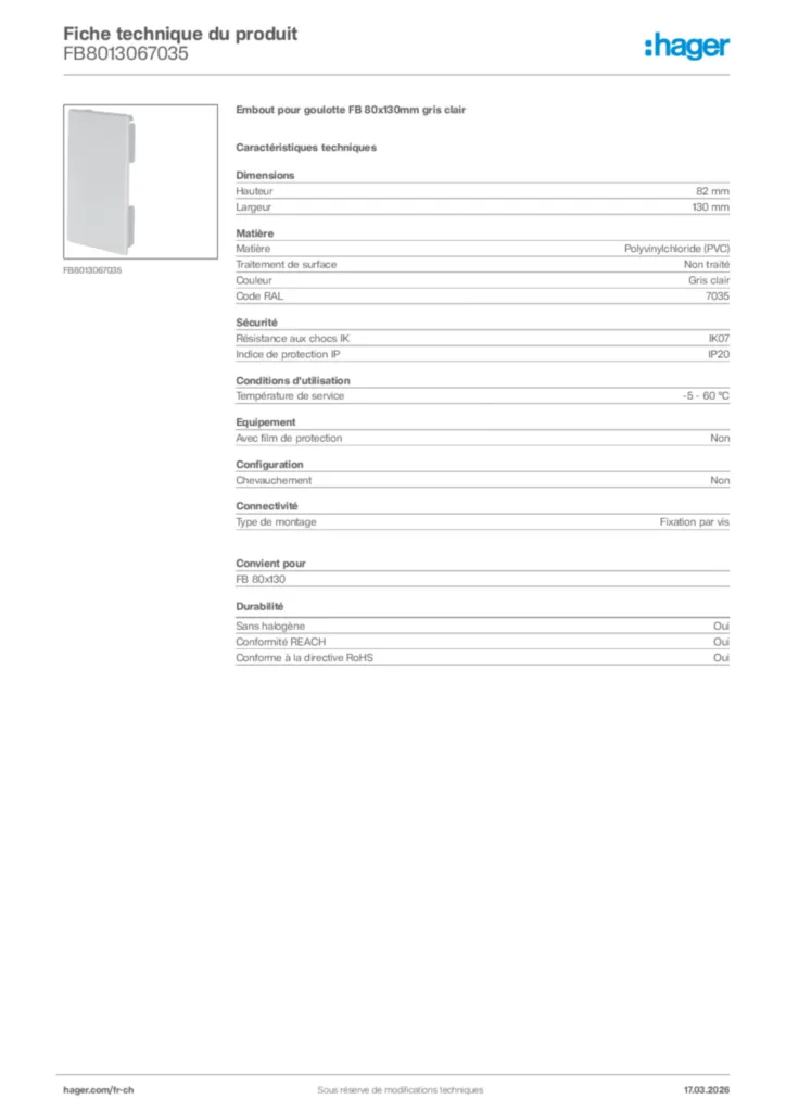 Image Hager Fiche technique du produit FB8013067035 | Hager Suisse