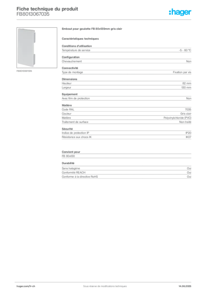 Image Hager Fiche technique du produit FB8013067035 | Hager Suisse