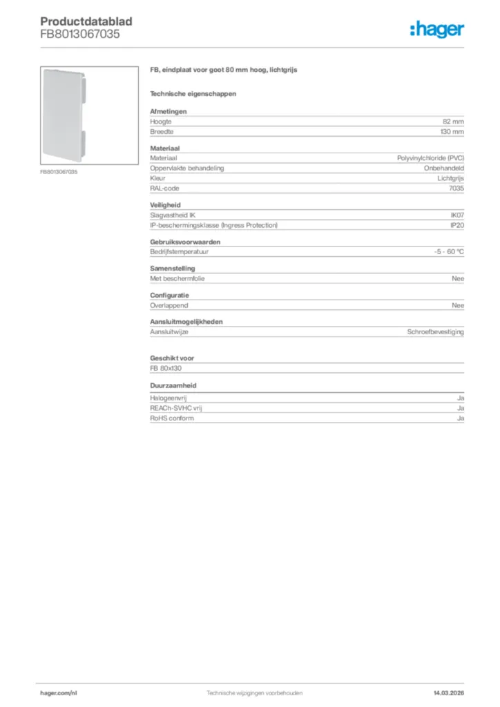 Afbeelding Hager Productdatablad FB8013067035 | Hager Nederland