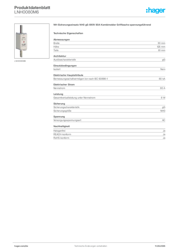 Hager Produktdatenblatt LNH0080M6