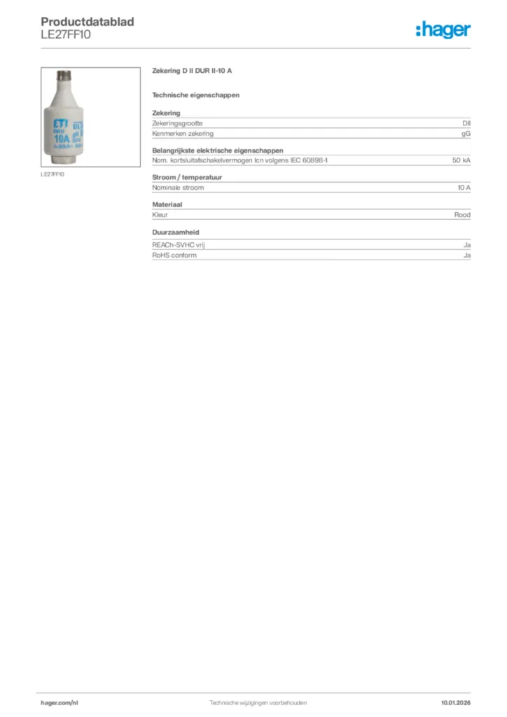 Afbeelding Hager Productdatablad LE27FF10 | Hager Nederland