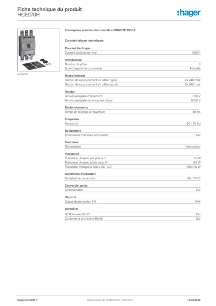 Image Hager Fiche technique du produit HCE970H | Hager Afrique