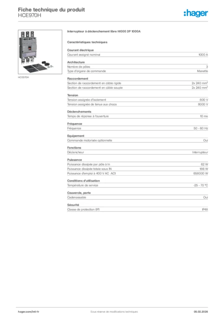 Image Hager Fiche technique du produit HCE970H | Hager Afrique